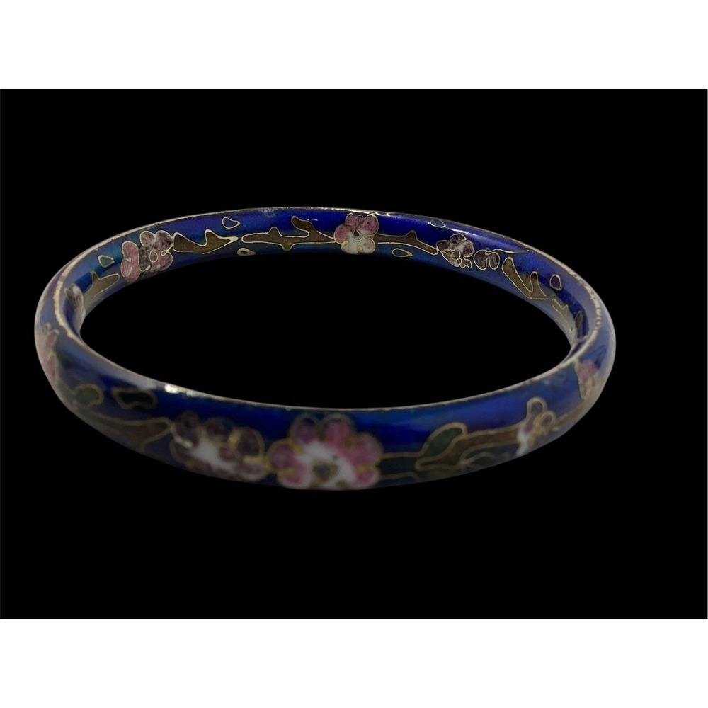 Vintage Cloisonne Enamel Bangle Bracelet Blue Floral Double Sided Asian 3"